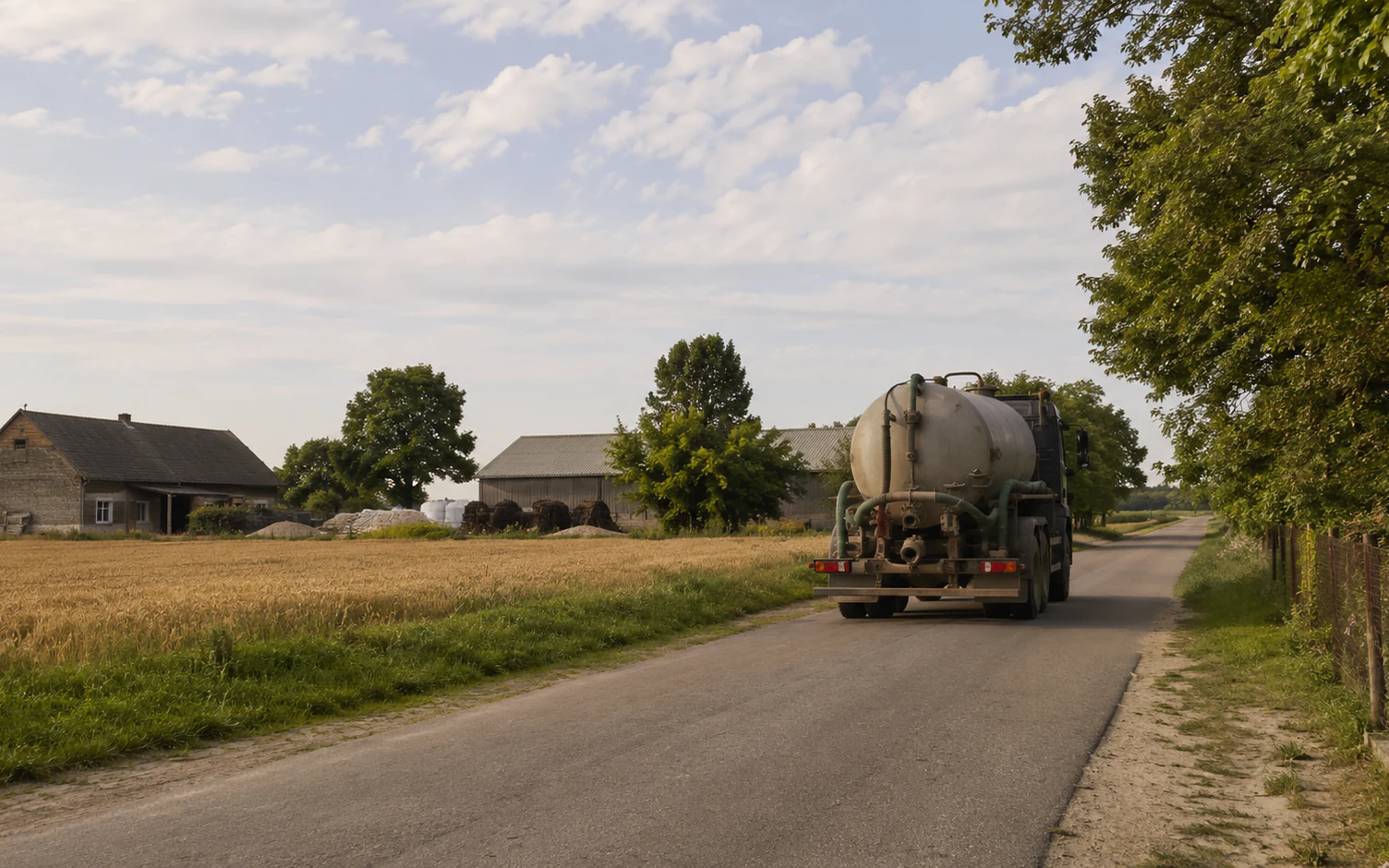 Pojazd asenizacyjny na lokalnej drodze obok gospodarstwa